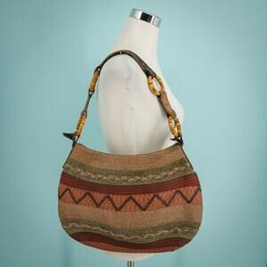 Eric Javits Squishee Woven Straw Leather Strap Bamboo Zip Top Bag Purse Tote